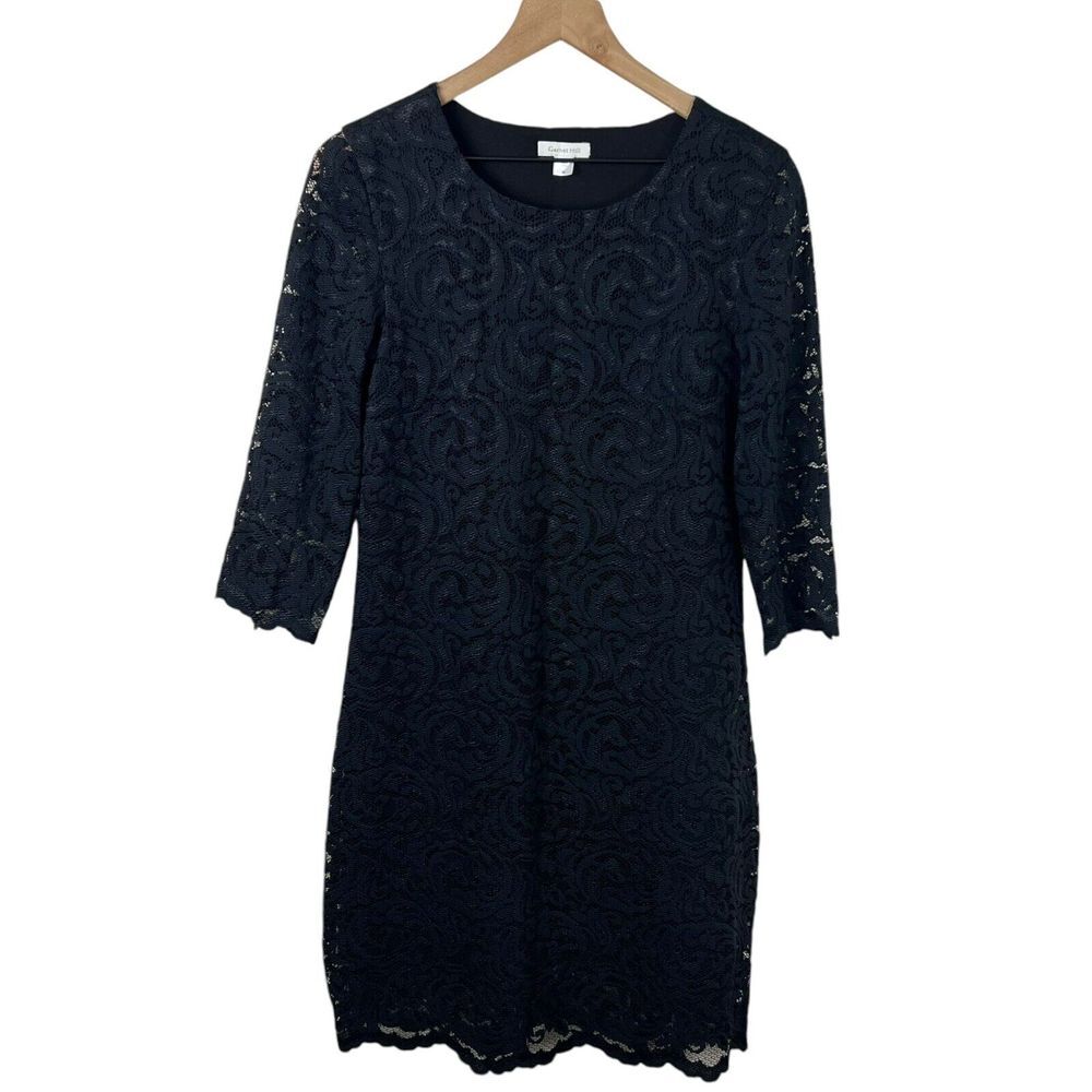 Garnet Hill‎ Womens 10 Black Floral Lace 3/4 Sleeve Lined Sheath Dress